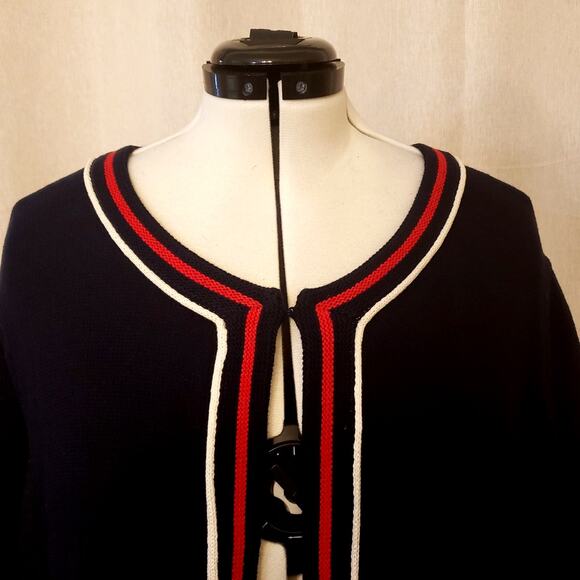 Talbots Blue Open Front Cardigan Sweater Red White Stripe Trim | SZ 3X | NWT - Picture 3 of 11